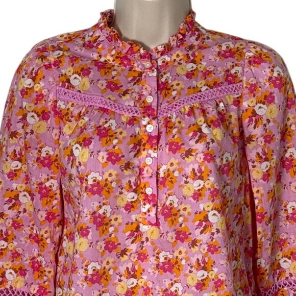 J. Crew Floral Ruffleneck Shirt Blouse Pink and Orange Size XXS - Picture 10 of 12